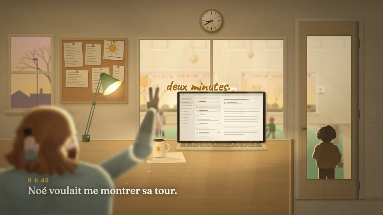 « 8 h 40 — Noé voulait me montrer sa tour. » Cyril, de dos à son bureau, le téléphone à l'oreille, lève deux doigts sous les mots « deux minutes » ; derrière la vitre de la porte, Noé attend.