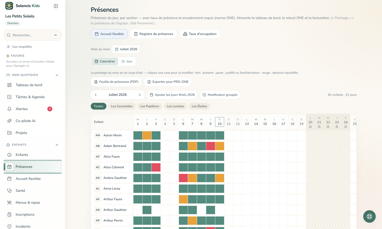 Écran Présences de Solencis Kids : grille de pointage mensuelle, une ligne par enfant, cases vertes (présent), ambre (justifié) et rouges (absent).